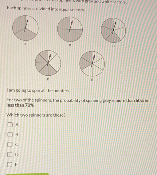 تم الحل:fair spinners with grey and white sectors. Each spinner is ...