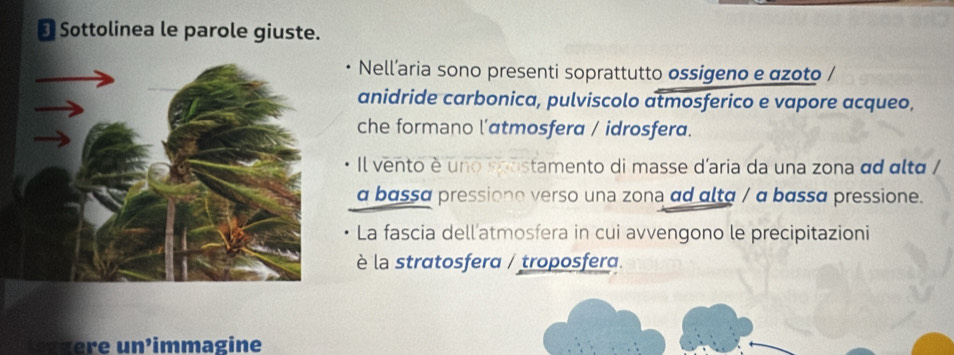 Sottolinea le parole giuste. 
Nell'aria sono presenti soprattutto ossigeno e ɑzoto / 
anidride carbonica, pulviscolo atmosferico e vapore acqueo, 
che formano l'atmosfera / idrosfera. 
Il vento è uno pastamento di masse d'aria da una zona αd αltα / 
a bassα pressione verso una zona ad alta / α bassα pressione. 
La fascia dell’atmosfera in cui avvengono le precipitazioni 
è la stratosfera / troposfera. 
Kngere un³immagine