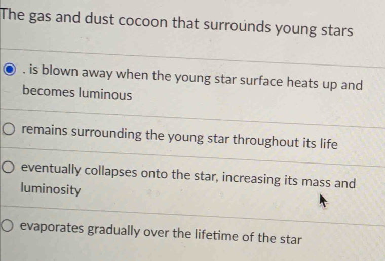 The gas and dust cocoon that surrounds young stars
. is blown away when the young star surface heats up and
becomes luminous
remains surrounding the young star throughout its life
eventually collapses onto the star, increasing its mass and
luminosity
evaporates gradually over the lifetime of the star