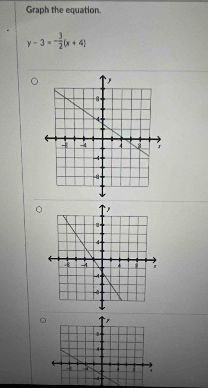 Graph the equation.
y-3=- 3/2 (x+4)