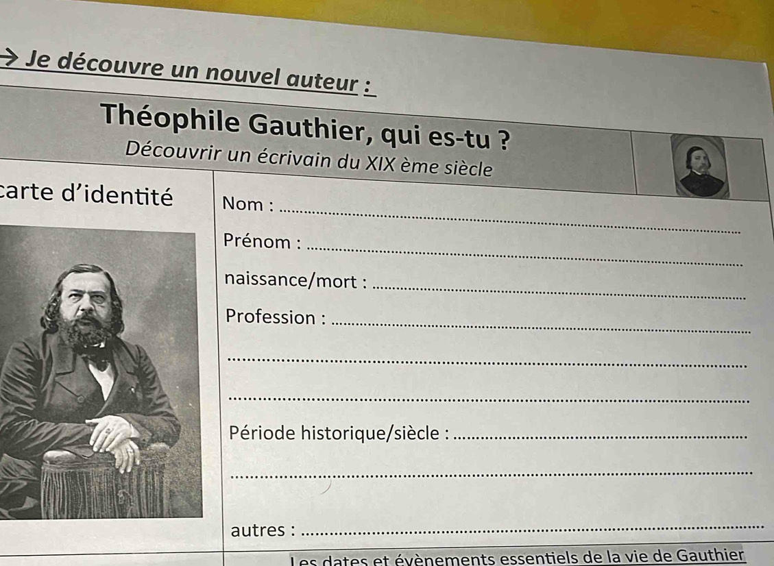 Je découvre un nouvel auteur : 
Théophile Gauthier, qui es-tu ? 
Découvrir un écrivain du XIX ème siècle 
_ 
carte d'identité Nom : 
Prénom :_ 
naissance/mort :_ 
Profession :_ 
_ 
_ 
Période historique/siècle :_ 
_ 
autres :_ 
Les dates et évènements essentiels de la vie de Gauthier