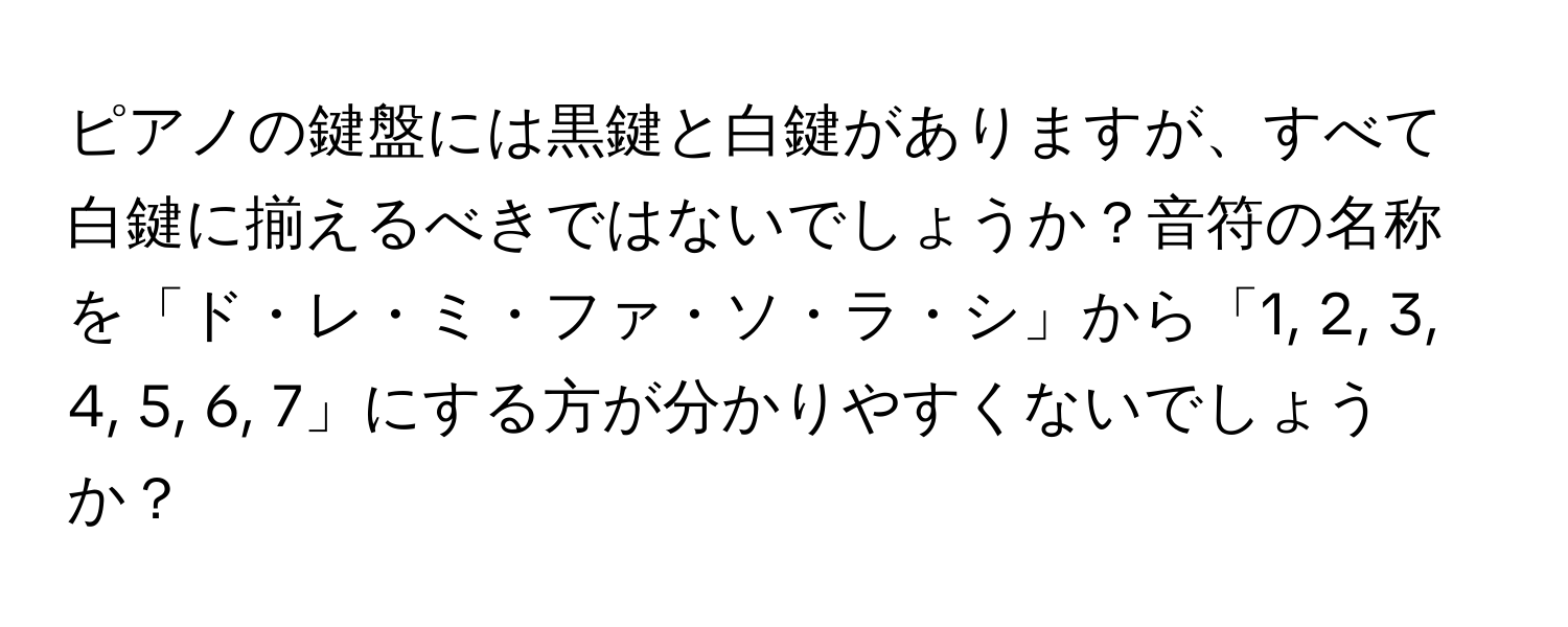 ピアノの鍵盤には黒鍵と白鍵がありますが、すべて白鍵に揃えるべきではないでしょうか？音符の名称を「ド・レ・ミ・ファ・ソ・ラ・シ」から「1, 2, 3, 4, 5, 6, 7」にする方が分かりやすくないでしょうか？