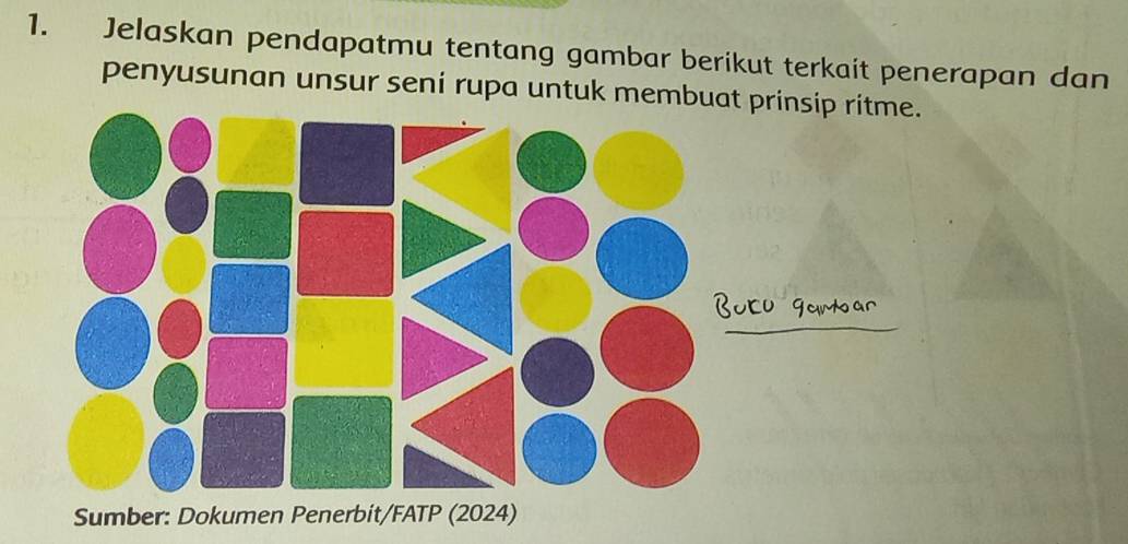 Jelaskan pendapatmu tentang gambar berikut terkait penerapan dan 
penyusunan unsur seni rupa untuk membuat prinsip ritme. 
Sumber: Dokumen Penerbit/FATP (2024)