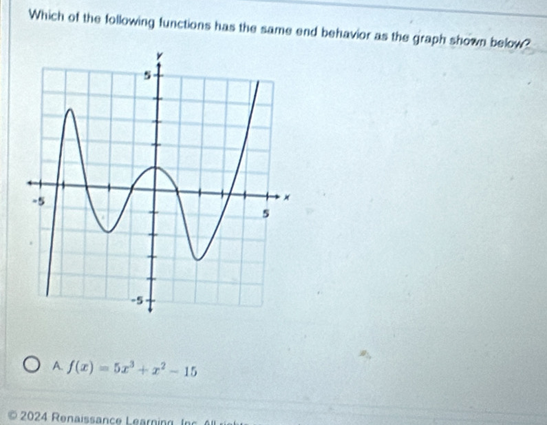 Which of the following functions has the same end behavior as the graph shown below?
A. f(x)=5x^3+x^2-15
2024 Renaissance Learnin