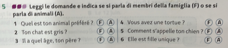 5 ●●● Leggi le domande e indica se si parla di membri della famiglia (F) o se si 
parla di animali (A). 
1 Quel est ton animal préféré ? F A 4 Vous avez une tortue ? F A
2 Ton chat est gris ? F A 5 Comment s’appelle ton chien ? F④ 
3 1l a quel âge, ton père ? F A | 6 Elle est fille unique ? F A