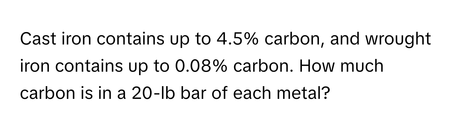 Cast iron contains up to 4.5% carbon, and wrought iron contains up to 0.08% carbon. How much carbon is in a 20-lb bar of each metal?