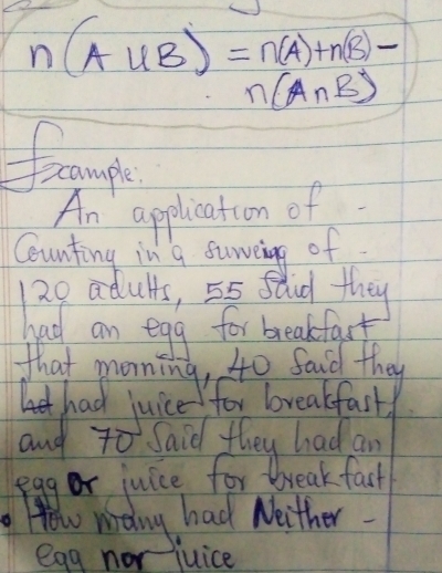 n(A∪ B)=n(A)+n(B)-
n(A∩ B)
fample 
An application of 
Counting in a suneing of
20 adults, 55 Studl they 
had an egg for breakfast 
that morning, to said they 
had juice for breakfast 
and to Said they had an 
eagor juice for break fast 
elo mang had Neither. 
egg nor juice