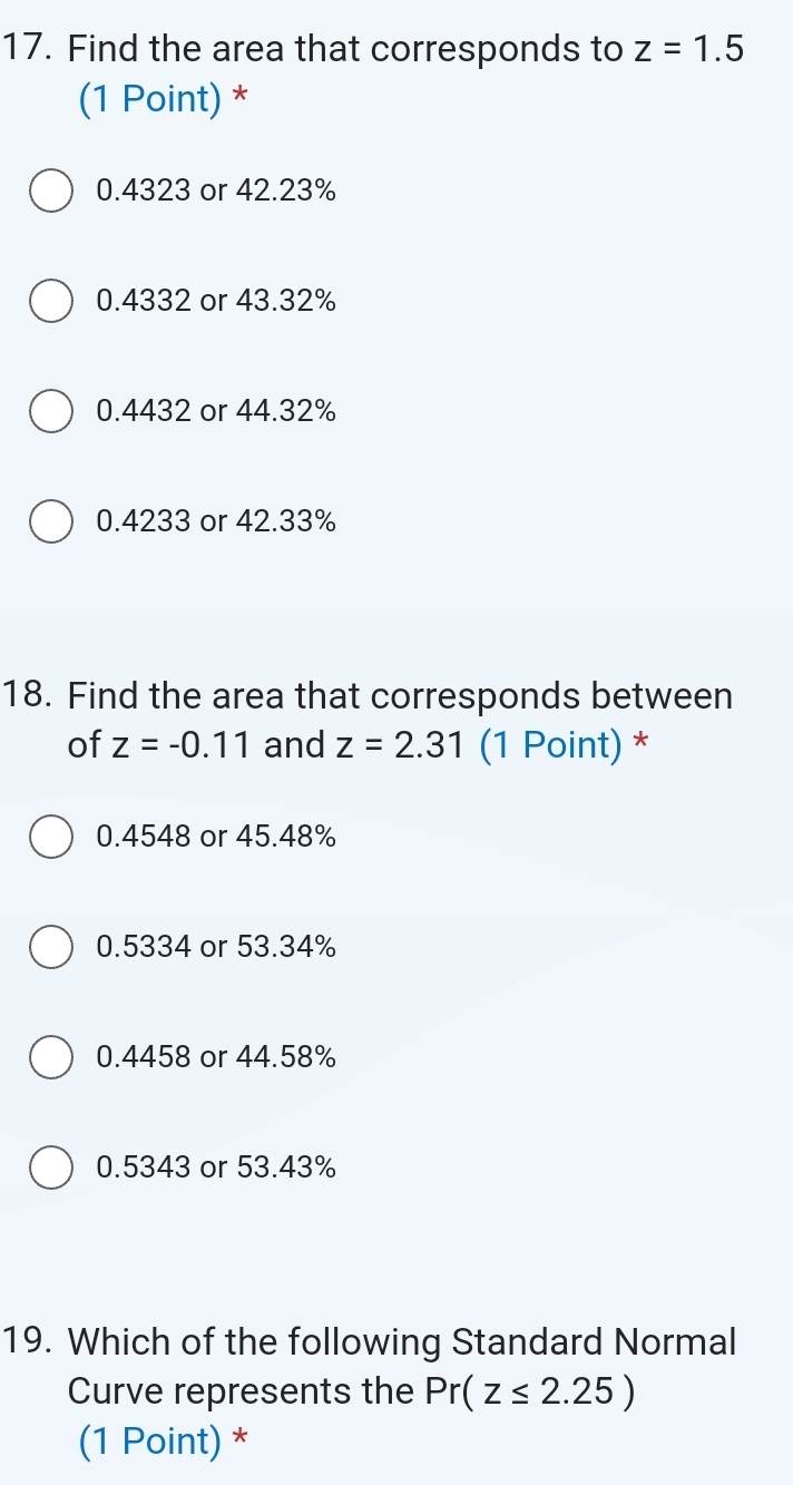 Find the area that corresponds to z=1.5
(1 Point) *
0.4323 or 42.23%
0.4332 or 43.32%
0.4432 or 44.32%
0.4233 or 42.33%
18. Find the area that corresponds between
of z=-0.11 and z=2.31 (1 Point) *
0.4548 or 45.48%
0.5334 or 53.34%
0.4458 or 44.58%
0.5343 or 53.43%
19. Which of the following Standard Normal
Curve represents the Pr(z≤ 2.25)
(1 Point) *