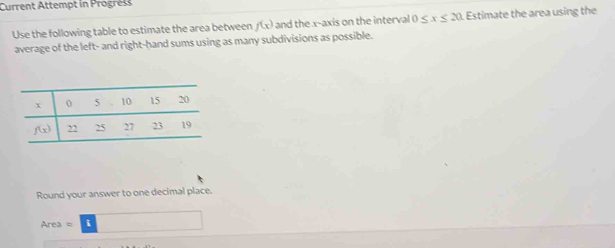 Current Attempt in Progréss
Use the following table to estimate the area between f(x) and the x-axis on the interval 0≤ x≤ 20. Estimate the area using the
average of the left- and right-hand sums using as many subdivisions as possible.
Round your answer to one decimal place.
Area =□