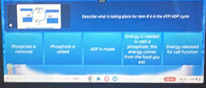 Describe what is taking place for iter # 6 in the ATP/AOP cycle.
Energy is neaded
to add a
Phosphote is Phosphate is ADP is mude phosphate, this Energy released
faroved 66056 energy comes for celf function
from the food you
eat.