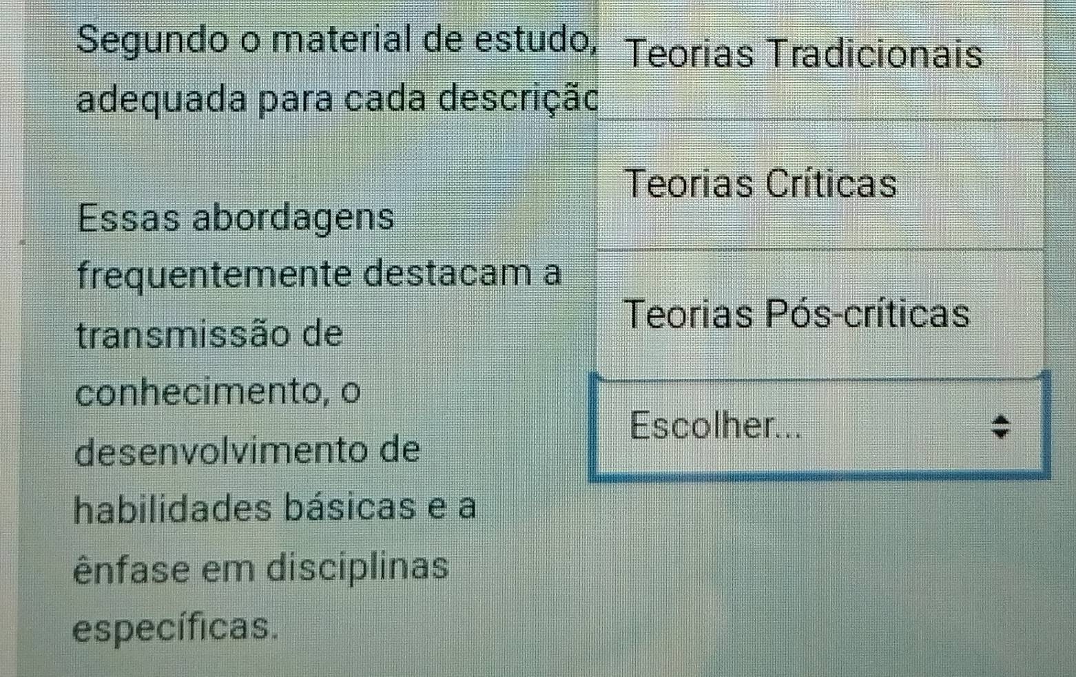 Segundo o material de estudo, Teorias Tradicionais 
adequada para cada descrição 
Teorias Críticas 
Essas abordagens 
frequentemente destacam a 
Teorias Pós-críticas 
transmissão de 
conhecimento, o 
Escolher... 
desenvolvimento de 
habilidades básicas e a 
ênfase em disciplinas 
específicas.