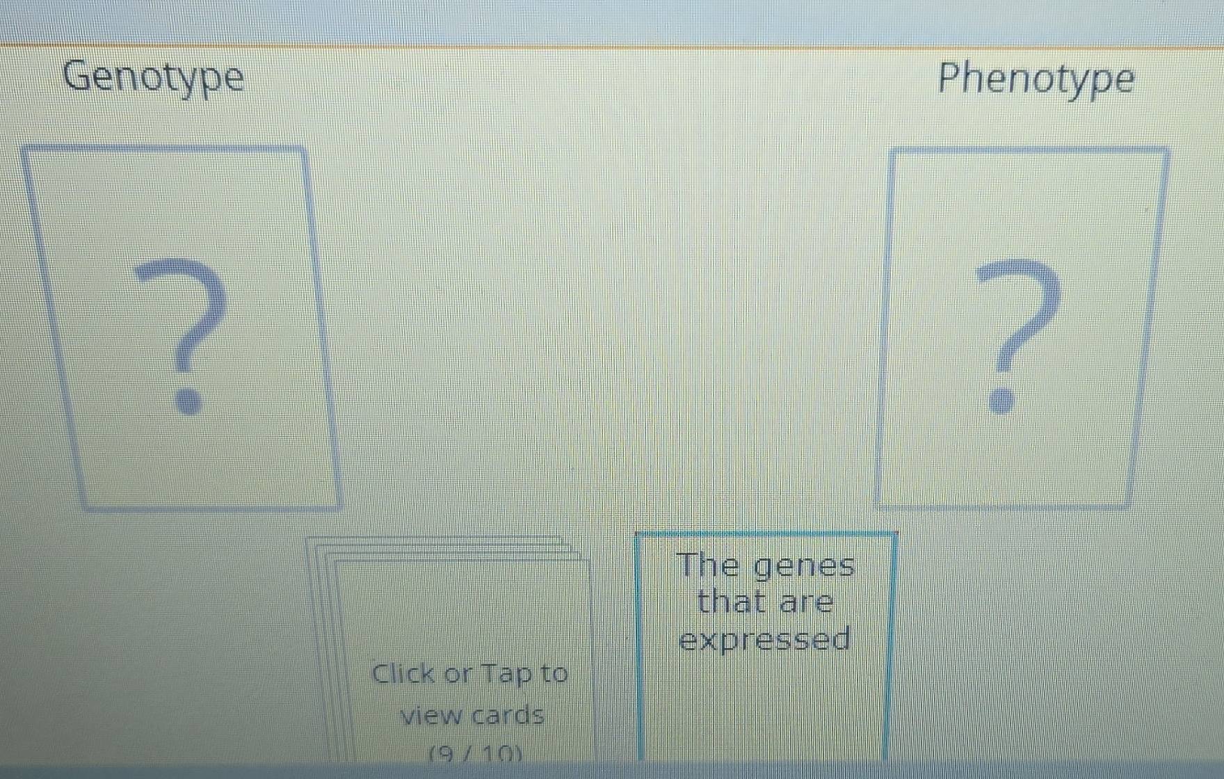 Genotype Phenotype 
? 
2 
The genes 
that are 
expressed 
Click or Tap to 
view cards 
(9 / 10)