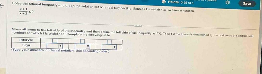 Points: 0.88 of 1 Save 
Solve the rational inequality and graph the solution set on a real number line. Express the solution set in interval notation.
 (x+1)/x+2 ≤ 0
Move all terms to the left side of the inequality and then define the left side of the inequality as f(x). Then list the intervals determined by the real zeros of f and the real 
numbers for which f is undefined. Complete the following table. 
s in interval notation. Use ascending order.)