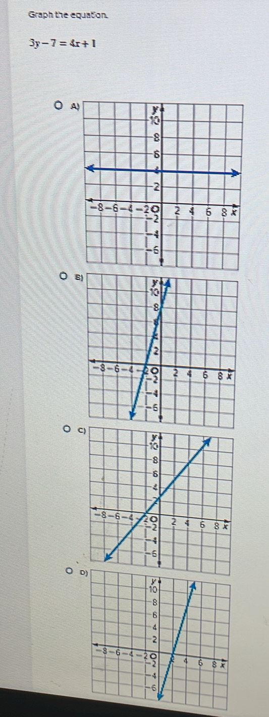 Graph the equation.
3y-7=4x+1
A 
O