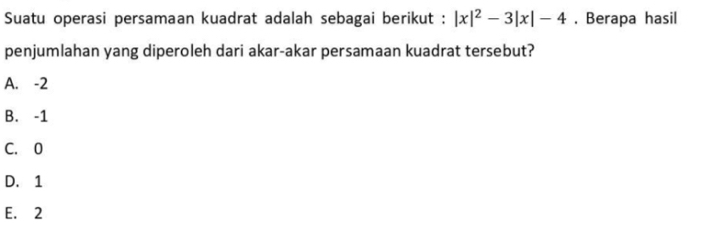 Suatu operasi persamaan kuadrat adalah sebagai berikut : |x|^2-3|x|-4. Berapa hasil
penjumlahan yang diperoleh dari akar-akar persamaan kuadrat tersebut?
A. -2
B. -1
C. 0
D. 1
E. 2