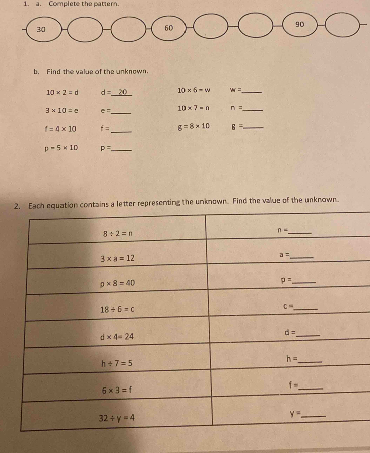 Complete the pattern.
30
60
90
b. Find the value of the unknown.
10* 2=d d=_ 20 10* 6=w w= _
3* 10=e e= _
10* 7=n n= _
f=4* 10 f= _
g=8* 10 g= _
p=5* 10 p= _
2. Each equation contains a letter representing the unknown. Find the value of the unknown.