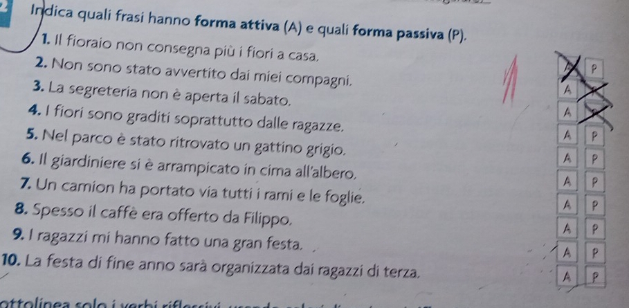 Indica quali frasi hanno forma attiva (A) e quali forma passiva (P).
1. Il fioraio non consegna più i fiori a casa.
A
2. Non sono stato avvertito dai miei compagni.
A
3. La segreteria non è aperta il sabato.
A
4. I fiori sono graditi soprattutto dalle ragazze.
A P
5. Nel parco è stato ritrovato un gattino grigio.
A P
6. Il giardiniere si è arrampicato in cima all'albero.
A P
7. Un camion ha portato via tutti i rami e le foglie.
A P
8. Spesso il caffè era offerto da Filippo.
A P
9. I ragazzi mi hanno fatto una gran festa.
A P
10. La festa di fine anno sarà organizzata dai ragazzi di terza.
A P