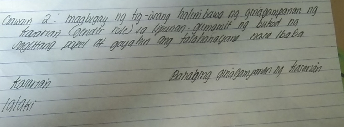 Qaumn a. magbigay ng fig-iwang halimbawa ng ginagampanan ng
tangran (gendir role) oa lipunan: gumamit ng buhad no
onguting papel of gaya hn ang falohangyang navm 1baba
Aavaran
Banalying guigampann ng trararain
1alaqi