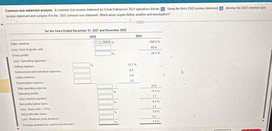 Common-size statement analysis A common-size income statement for Creek Enterprises" 2021 operations follows Using the firm's 2022 income statement , develop the 2022 common-size 
income statement and compare it to the 2021 common-size statement. Which areas require further analysis and investigation? 
for the Years Ended December 31, 2021 and December 2022 
2022 2021 
Sales revenuo 
Less Cost of goods sold beginarrayr 10005 □  hline □ % endarray beginarrayr 10005 659 hline 3415endarray
Gross profits 
Less. Operating expenses 
Selling expense
% beginarrayr 0.75 6.2 0.45 hline endarray
General and administrative expenses 
Lease expense 
Depreciation expense 
Total operating expense 
Operating protits 
_  
Less Interest expense □
beginarrayr □  □ endarray beginarrayr 5 beginarrayr □ □  41encloselongdiv 3endarray  hline endarray 
Net profits before lixes 
□ 
□ 
Less. Taxas (rato = 21%) 
Net profits after taxes 
Loss. Preferred stock dividends 
Eamings aveilable for common stockholders
