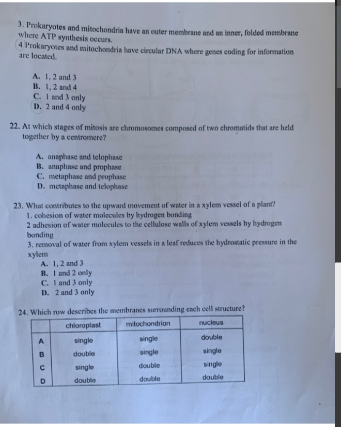 Prokaryotes and mitochondria have an outer membrane and an inner, folded membrane
where ATP synthesis occurs.
4 Prokaryotes and mitochondria have circular DNA where genes coding for information
are located.
A. 1, 2 and 3
B. 1, 2 and 4
C. 1 and 3 only
D. 2 and 4 only
22. At which stages of mitosis are chromosomes composed of two chromatids that are held
together by a centromere?
A. anaphase and telophase
B. anaphase and prophase
C. metaphase and prophase
D. metaphase and telophase
23. What contributes to the upward movement of water in a xylem vessel of a plant?
1. cohesion of water molecules by hydrogen bonding
2 adhesion of water molecules to the cellulose walls of xylem vessels by hydrogen
bonding
3. removal of water from xylem vessels in a leaf reduces the hydrostatic pressure in the
xylem
A. 1, 2 and 3
B. 1 and 2 only
C. I and 3 only
D. 2 and 3 only
24. Which row describes the membranes surrounding cach cell structure?