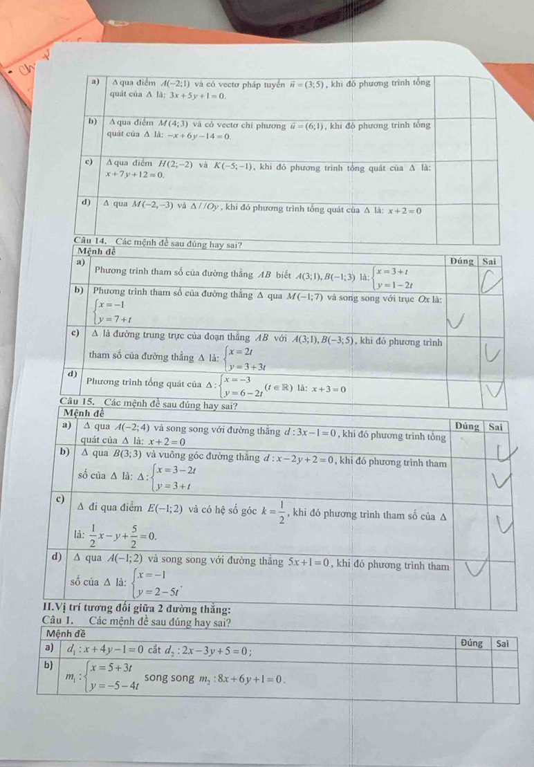 a) A qua điểm A(-2;1) và có vectơ pháp tuyển vector n=(3;5) , khi đó phương trinh tổng
quát của ∆ là: 3x+5y+1=0.
b) A qua điểm M(4;3) và có vectơ chí phương vector u=(6;1) , khi đó phương trình tổng
quát của Δ là: -x+6y-14=0
c) A qua điễm H(2;-2) và K(-5;-1) , khi đó phương trinh tổng quát của Δ là:
x+7y+12=0.
d) Δ qua M(-2,-3) và △ //Oy , khi đó phương trình tổng quát của Δ là: x+2=0
Câu 14. Các mệnh đề sau đủng hay sai?
Mệnh đề
a) Đúng  Sai
Phương trình tham số của đường thẳng AB biết A(3;1),B(-1;3) là: beginarrayl x=3+t y=1-2tendarray.
b) | Phương trình tham số của đường thẳng A qua M(-1;7) và song song với trục Ox là:
beginarrayl x=-1 y=7+tendarray.
c) A là đường trung trực của đoạn thắng AB với A(3;1),B(-3;5) , khi đó phương trình
tham số của đường thẳng △ là: beginarrayl x=2t y=3+3tendarray.
d) Phương trình tổng quát của Delta :beginarrayl x=-3 y=6-2tendarray. (t∈ R) là: x+3=0
Câu 15. Các mệnh đề sau đủng hay sai?
Mệnh đề Dúng Sai
a) ∆ qua A(-2;4) và song song với đường thăng d:3x-1=0 , khi đó phương trinh tổng
quát của △ ldot a:x+2=0
b) Δ qua B(3;3) và vuông góc đường thắng d:x-2y+2=0 , khi đó phương trình tham
số của Δ là: Delta :beginarrayl x=3-2t y=3+tendarray.
c)
A đi qua điểm E(-1;2) và có hệ số góc k= 1/2  , khi đó phương trình tham số của △
là:  1/2 x-y+ 5/2 =0.
d) ∆ qua A(-1;2) và song song với đường thắng 5x+1=0 , khi đó phương trình tham
số của Δ là: beginarrayl x=-1 y=2-5tendarray. .
II.Vị trí tương đối giữa 2 đường thắng:
Câu 1. Các mệnh đề