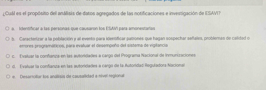 ¿Cuál es el propósito del análisis de datos agregados de las notificaciones e investigación de ESAVI?
a. Identificar a las personas que causaron los ESAVI para amonestarlas
b. Caracterizar a la población y al evento para identificar patrones que hagan sospechar señales, problemas de calidad o
errores programáticos, para evaluar el desempeño del sistema de vigilancia
c. Evaluar la confianza en las autoridades a cargo del Programa Nacional de Inmunizaciones
d. Evaluar la confianza en las autoridades a cargo de la Autoridad Reguladora Nacional
e. Desarrollar los análisis de causalidad a nivel regional