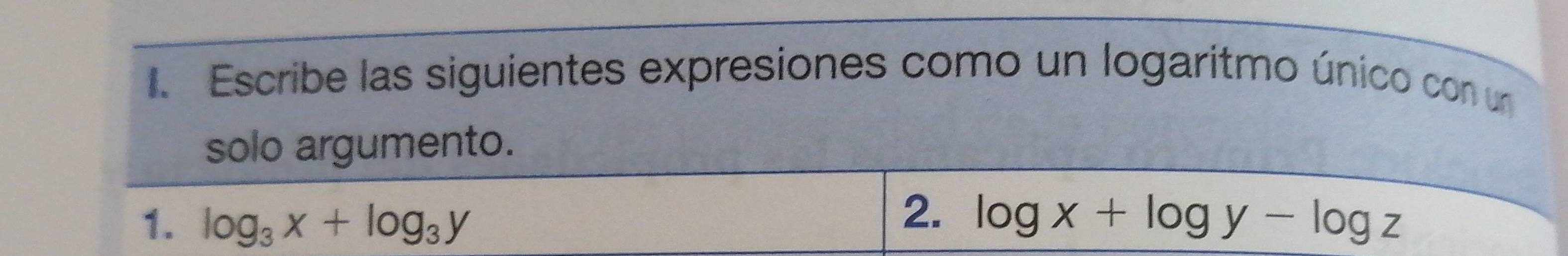 Escribe las siguientes expresiones como un logaritmo único con un
solo argumento.
2.
1. log _3x+log _3y log x+log y-log z