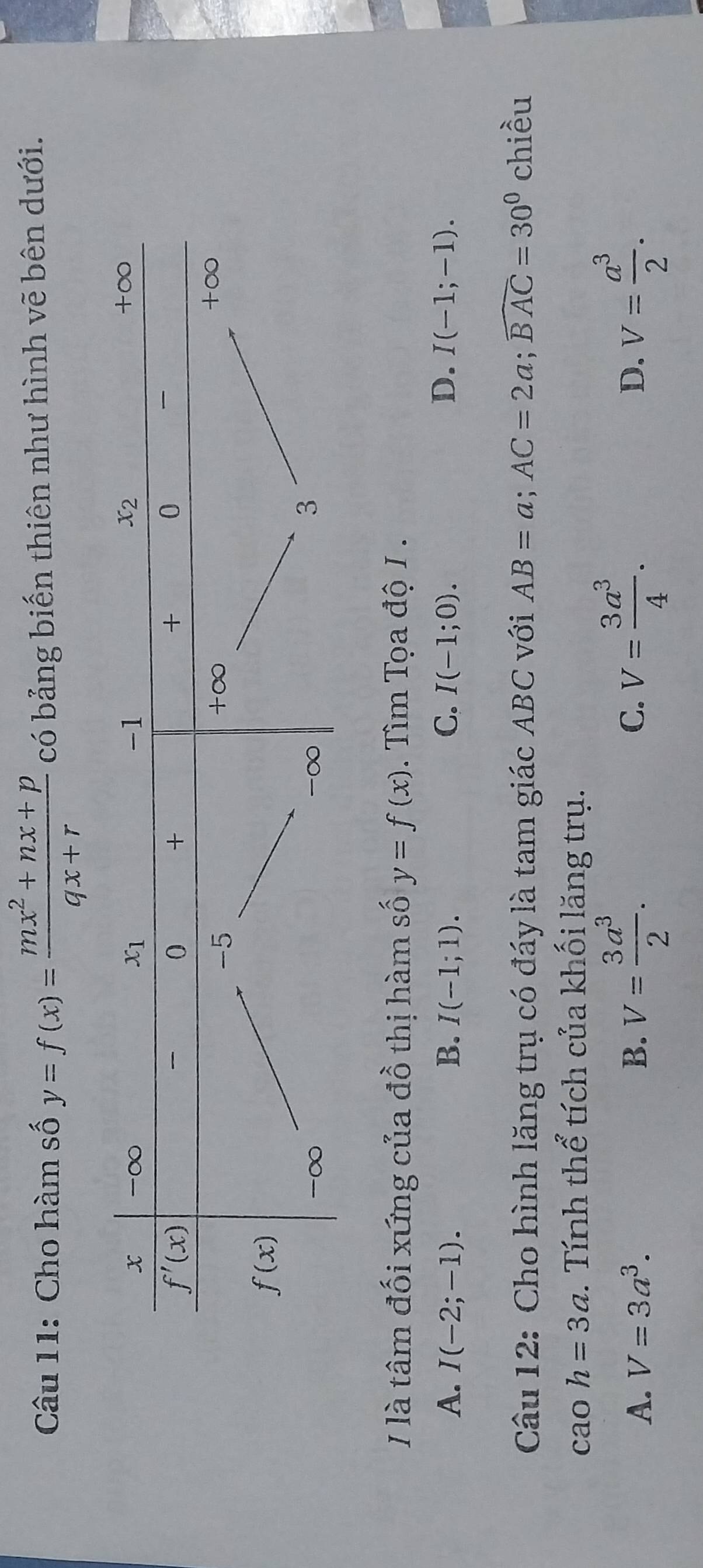 Cho hàm số y=f(x)= (mx^2+nx+p)/qx+r  có bảng biến thiên như hình vẽ bên dưới.
I là tâm đối xứng của đồ thị hàm số y=f(x).  Tìm Tọa độ I .
A. I(-2;-1). B. I(-1;1). C. I(-1;0). D. I(-1;-1).
Câu 12: Cho hình lăng trụ có đáy là tam giác ABC với AB=a;AC=2a;widehat BAC=30^0 chiều
cao h=3a. Tính thể tích của khối lăng trụ.
A. V=3a^3. B. V= 3a^3/2 . C. V= 3a^3/4 . V= a^3/2 .
D.