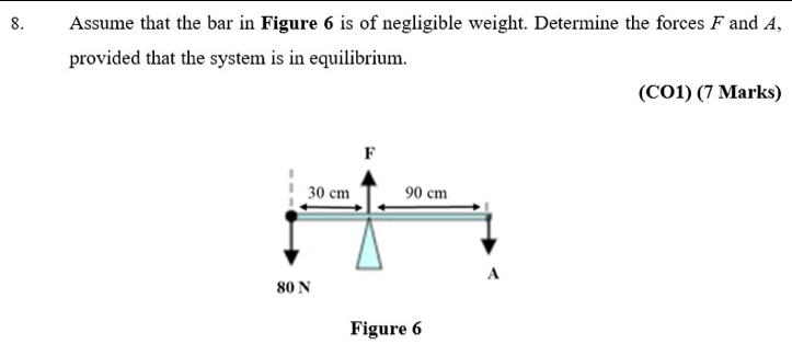 Assume that the bar in Figure 6 is of negligible weight. Determine the forces F and 4, 
provided that the system is in equilibrium. 
(CO1) (7 Marks)
F
30 cm 90 cm
A
80 N
Figure 6