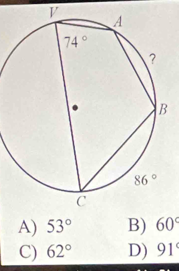 A) 53° B) 60°
C) 62° D) 91°