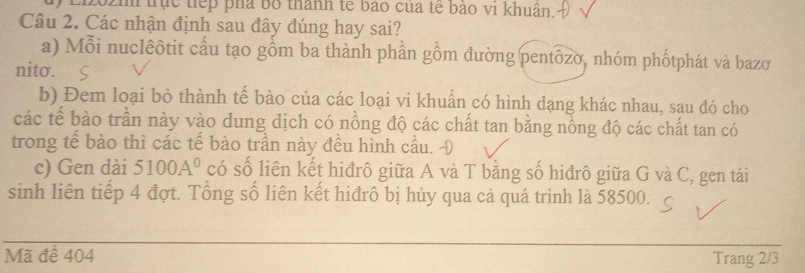 202 trực tiếp phả bố thành tế bảo của tế bảo vi khuân.
Câu 2. Các nhận định sau đây đúng hay sai?
a) Mỗi nuclêôtit cấu tạo gồm ba thành phần gồm đường pentôzơ, nhóm phốtphát và bazơ
nito.
b) Đem loại bỏ thành tế bào của các loại vi khuẩn có hình dạng khác nhau, sau đó cho
các tế bào trần này vào dung dịch có nồng độ các chất tan bằng nồng độ các chất tan có
trong tế bào thì các tế bào trần này đều hình cầu. 0
c) Gen dài 5100A^0 có số liên kết hiđrô giữa A và T bằng số hiđrô giữa G và C, gen tái
sinh liên tiếp 4 đợt. Tổng số liên kết hiđrô bị hủy qua cả quá trình là 58500.
Mã đề 404 Trang 2/3