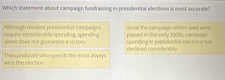 Which statement about campaign fundraising in presidential elections is most accurate? 
Although modern presidential campaigns Since the campaign reform laws were 
require considerable spending, spending passed in the early 2000s, campaign 
alone does not guarantee a victory. spending in presidential elections has 
declined considerably, 
The candidate who spends the most always 
wins the election.