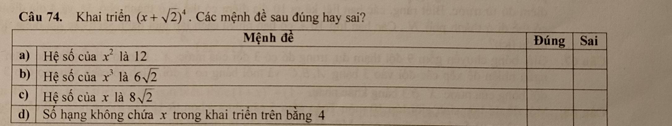 Khai triển (x+sqrt(2))^4. Các mệnh đề sau đúng hay sai?