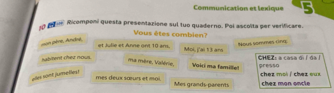 Communication et lexique 5 
10 Ricomponi questa presentazione sul tuo quaderno. Poi ascolta per verificare. 
Vous êtes combien? 
mon père, André, 
et Julie et Anne ont 10 ans, Moi, j'ai 13 ans 
habitent chez nous. Nous sommes cinq: 
CHEZ: a casa di / da / 
ma mère, Valérie, Voici ma famille! presso 
elles sont jumelles! 
mes deux sœurs et moi. chez moi / chez eux 
Mes grands-parents chez mon oncle