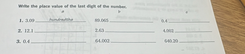 Write the place value of the last digit of the number. 
b 
。 
1. 3.09 _hundredths 89.065 _ 0.4 _ 
2. 12.1 _ 2. 63 _ 4.002 _ 
3. 0.4 _ 64.002 _ 640.20 _