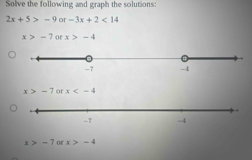 Solve the following and graph the solutions:
2x+5>-9 or -3x+2<14</tex>
x>-7 or x>-4
x>-7 or x
x>-7 or x>-4