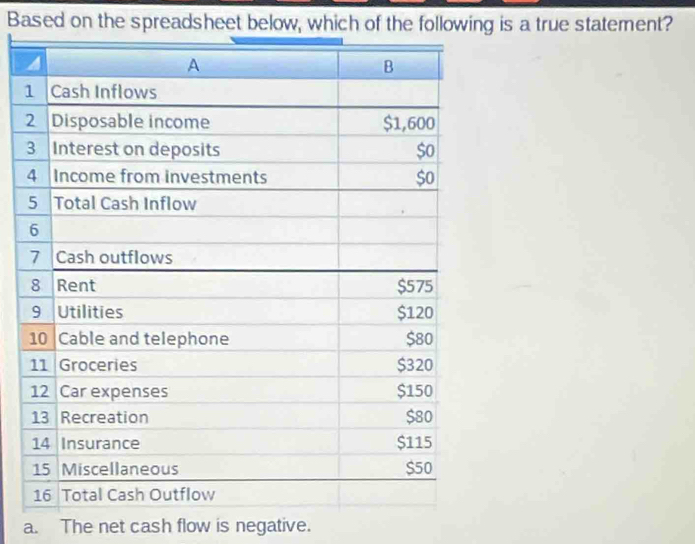 Based on the spreadsheet below, which of the following is a true statement?
1
a. The net cash flow is negative.