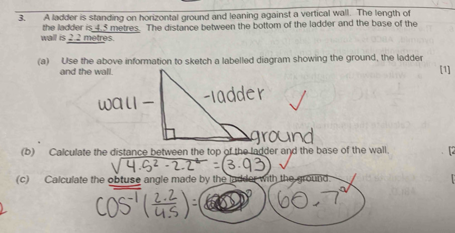 A ladder is standing on horizontal ground and leaning against a vertical wall. The length of 
the ladder is 4.5 metres. The distance between the bottom of the ladder and the base of the 
wall is 2.2 metres. 
(a) Use the above information to sketch a labelled diagram showing the ground, the ladder 
and the wall. 
[1] 
(b) Calculate the distance between the top of the ladder and the base of the wall. 
(c) Calculate the obtuse angle made by the ladder with the grou