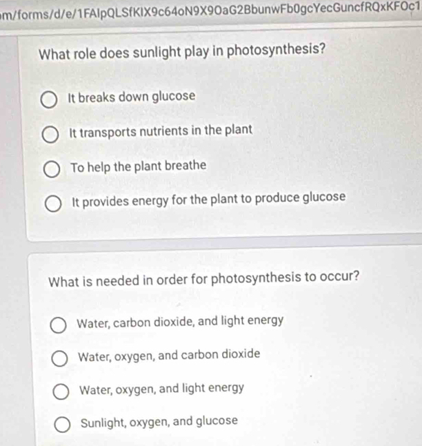 pm/forms/d/e/1FAlpQLSfKIX9c64oN9X9OaG2BbunwFb0gcYecGuncfRQxKFOc1
What role does sunlight play in photosynthesis?
It breaks down glucose
It transports nutrients in the plant
To help the plant breathe
It provides energy for the plant to produce glucose
What is needed in order for photosynthesis to occur?
Water, carbon dioxide, and light energy
Water, oxygen, and carbon dioxide
Water, oxygen, and light energy
Sunlight, oxygen, and glucose