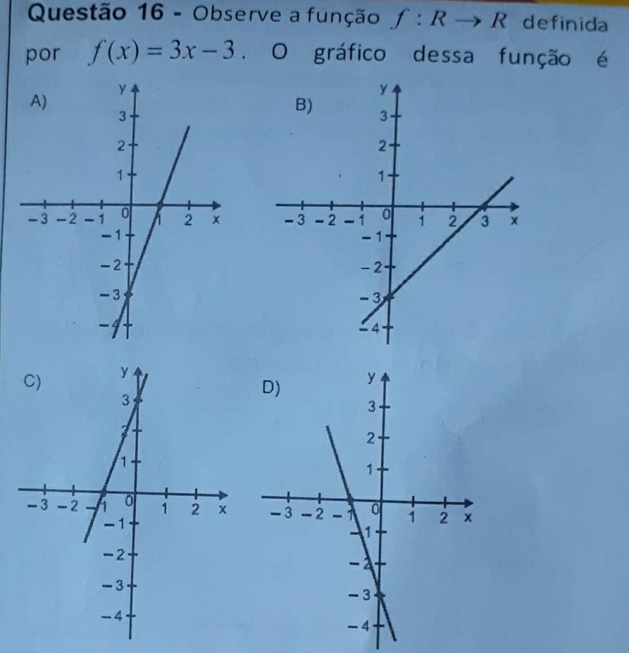 Observe a função f:Rto R definida 
por f(x)=3x-3.O gráfico dessa função é