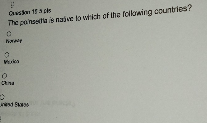 The poinsettia is native to which of the following countries?
Norway
Mexico
China
United States