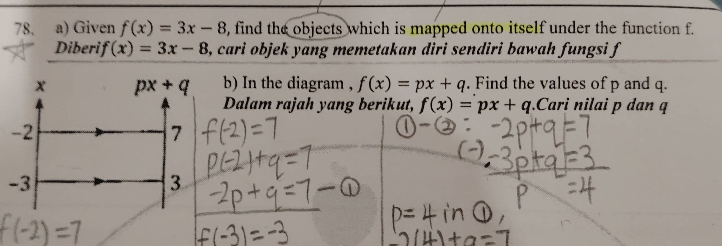 Given f(x)=3x-8 , find the objects which is mapped onto itself under the function f.
Diberi f(x)=3x-8 , cari objek yang memetakan diri sendiri bawah fungsi f
x b) In the diagram , f(x)=px+q. Find the values of p and q.
px+q
Dalam rajah yang berikut, f(x)=px+q.Cari nilai p dan q
-2
7
-3
3