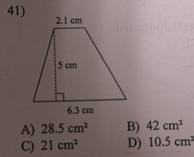 A) 28.5cm^2 B) 42cm^2
C) 21cm^2 D) 10.5cm^2