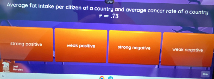 12/20
Average fat intake per citizen of a country and average cancer rate of a country.
r=.73
strong positive weak positive strong negative weak negative
1
Joel
Morales
Skip