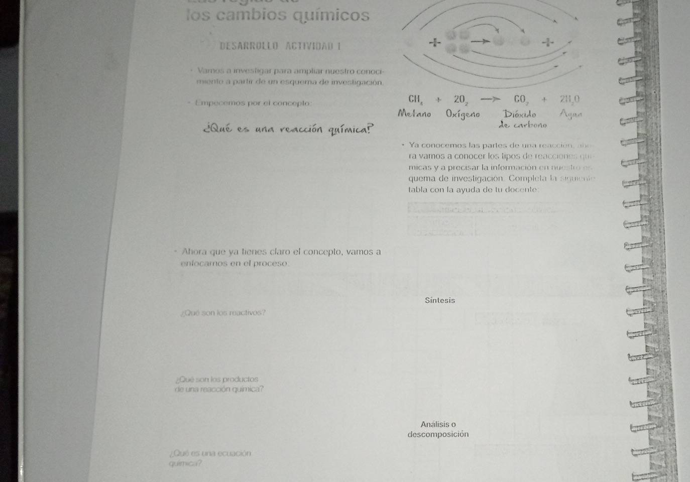 los cambios químicos 
DESARRøLLO ACtIVidAD I 
Vamos a investigar para ampliar nuestro conoci 
miente a partir de un esquema de investigación 
Empecemos por el concepto:
CH_4+20_2 CO_2+2H_2O
Metano 

* Ya conocemos las partes de una reacción, a ñe 
ra vamos a conocer los tipos de reaccion es qu 
micas y a precisar la información en nuestro es 
quema de investigación. Completa la siguiente 
tabla con la ayuda de tu docente: 
Ahora que ya tienes claro el concepto, vamos a 
enfocaros en el proceso. 
Síntesis 
¿Qué son los reactivos? 
¿Qué son las productos 
de una reacción química? 
Análisis o 
descomposición 
¿Qué es una ecuación 
química?