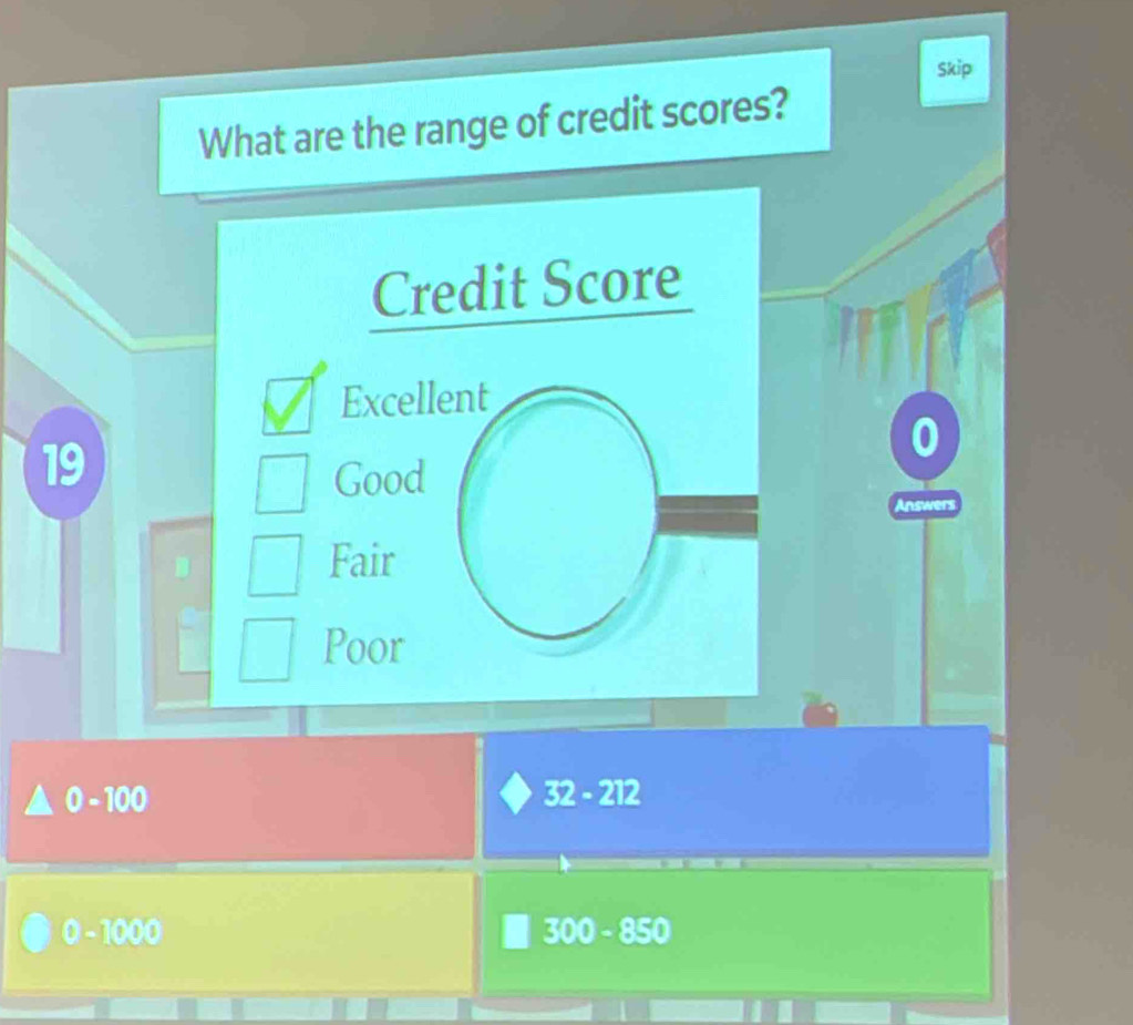 skip 
What are the range of credit scores? 
Credit Score 
Excellent 
19 
0 
Good 
Answers 
Fair 
Poor
0-100
32-212
0-1000
300-850