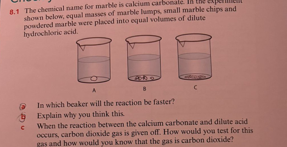 8.1 The chemical name for marble is calcium carbonate. In the experent 
shown below, equal masses of marble lumps, small marble chips and 
powdered marble were placed into equal volumes of dilute 
hydrochloric acid. 
A 
B 
C 
In which beaker will the reaction be faster? 
Explain why you think this. 
C When the reaction between the calcium carbonate and dilute acid 
occurs, carbon dioxide gas is given off. How would you test for this 
gas and how would you know that the gas is carbon dioxide?