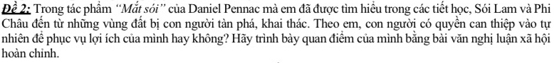 Để 2: Trong tác phẩm “Mắt sói ” của Daniel Pennac mà em đã được tìm hiểu trong các tiết học, Sói Lam và Phi 
Châu đến từ những vùng đất bị con người tàn phá, khai thác. Theo em, con người có quyền can thiệp vào tự 
nhiên để phục vụ lợi ích của mình hay không? Hãy trình bày quan điểm của mình bằng bài văn nghị luận xã hội 
hoàn chinh.