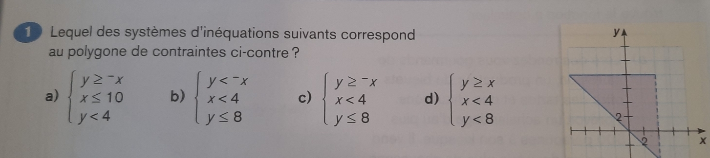 Lequel des systèmes d'inéquations suivants correspond 
au polygone de contraintes ci-contre ?
a) beginarrayl y≥ -x x≤ 10 y<4endarray. b) beginarrayl y <4 y≤ 8endarray. c) beginarrayl y≥ -x x<4 y≤ 8endarray. d) beginarrayl y≥ x x<4 y<8endarray.
X