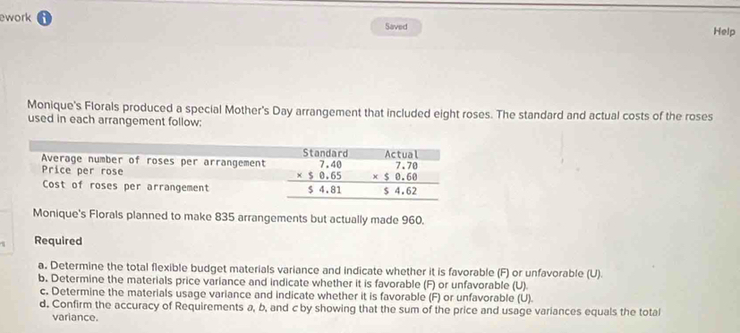 ework
Saved Help
Monique's Florals produced a special Mother's Day arrangement that included eight roses. The standard and actual costs of the roses
used in each arrangement follow:
Monique's Florals planned to make 835 arrangements but actually made 960.
Required
a. Determine the total flexible budget materials variance and indicate whether it is favorable (F) or unfavorable (U).
b. Determine the materials price variance and indicate whether it is favorable (F) or unfavorable (U).
c. Determine the materials usage variance and indicate whether it is favorable (F) or unfavorable (U).
d. Confirm the accuracy of Requirements a, b, and c by showing that the sum of the price and usage variances equals the total
variance.